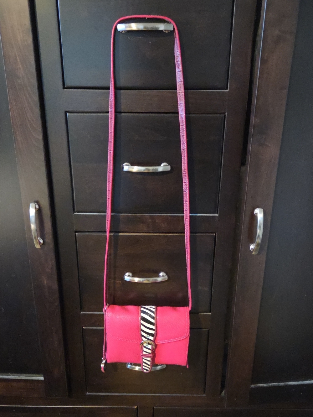 Sharif NY Hot Pink Pebbled Leather & Zebra Calf Hair Crossbody Bag